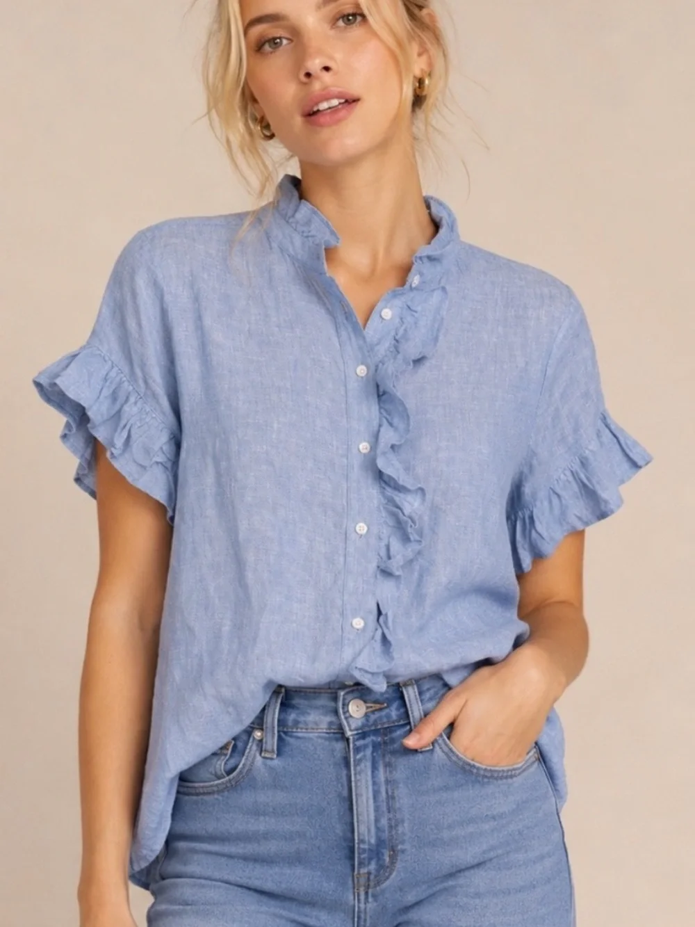 J.Crew Blue 100% Linen Ruffle Short Sleeve Button Front Top Size 0 6021
